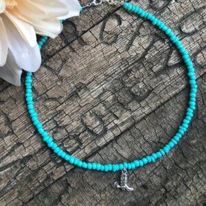 15” Turquoise Seed Bead Choker Necklace with silver Cowboy Boot Charm